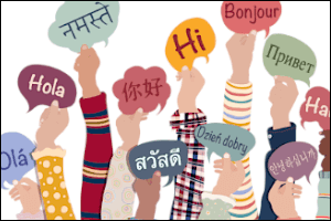 Hands holding up cards saying hello.