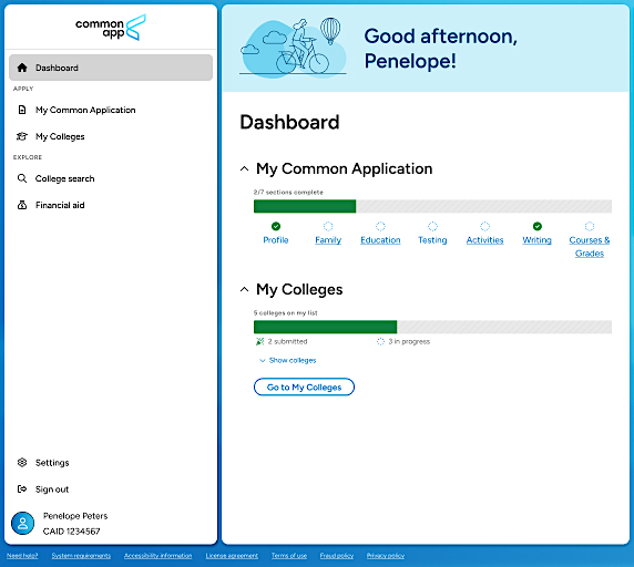 A screenshot of the Common App dashboard.