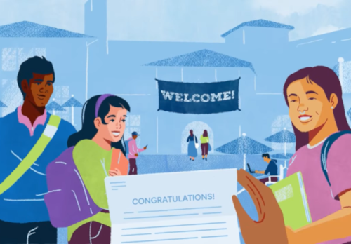 A congratulations letter with college students in the background.